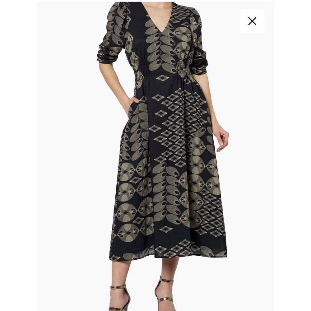 CIEBON Dress S Puff Sleeve V Neck Midi Biarritz Abstract Retro Structured Femini